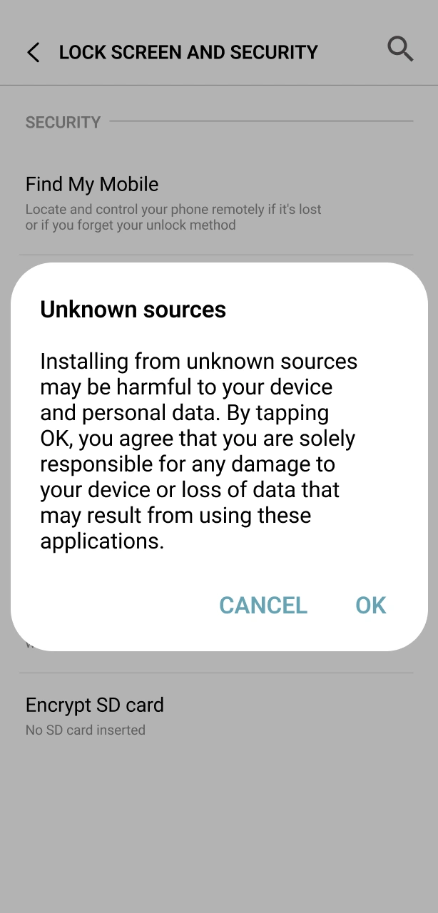 Open Android settings to allow third-party installations for the 1win App.