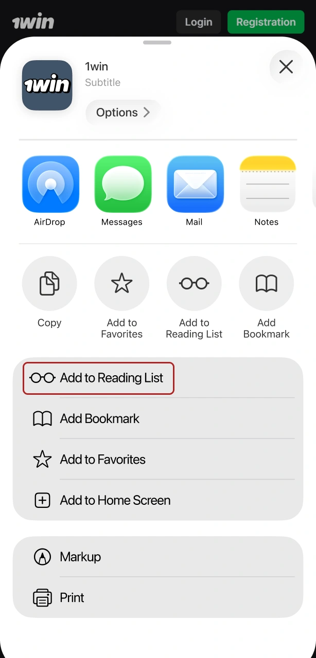 Select Add to Home Screen to create a 1win App shortcut.