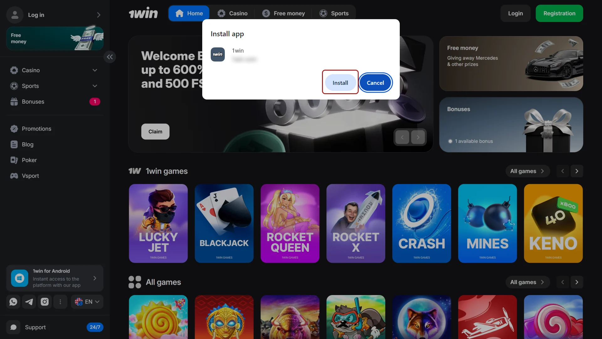 Select Install to finalize the 1win App setup on your Windows computer.