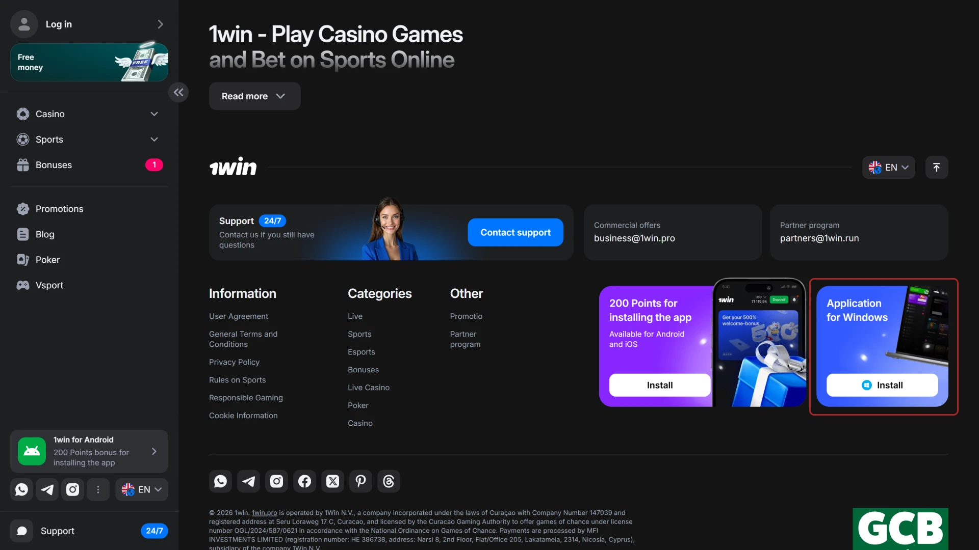 Press the Windows Install button to get the 1win App for PC.