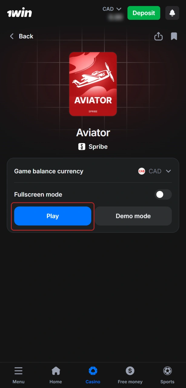 Select your stake, then press Play or Spin to start winning on the 1win App.