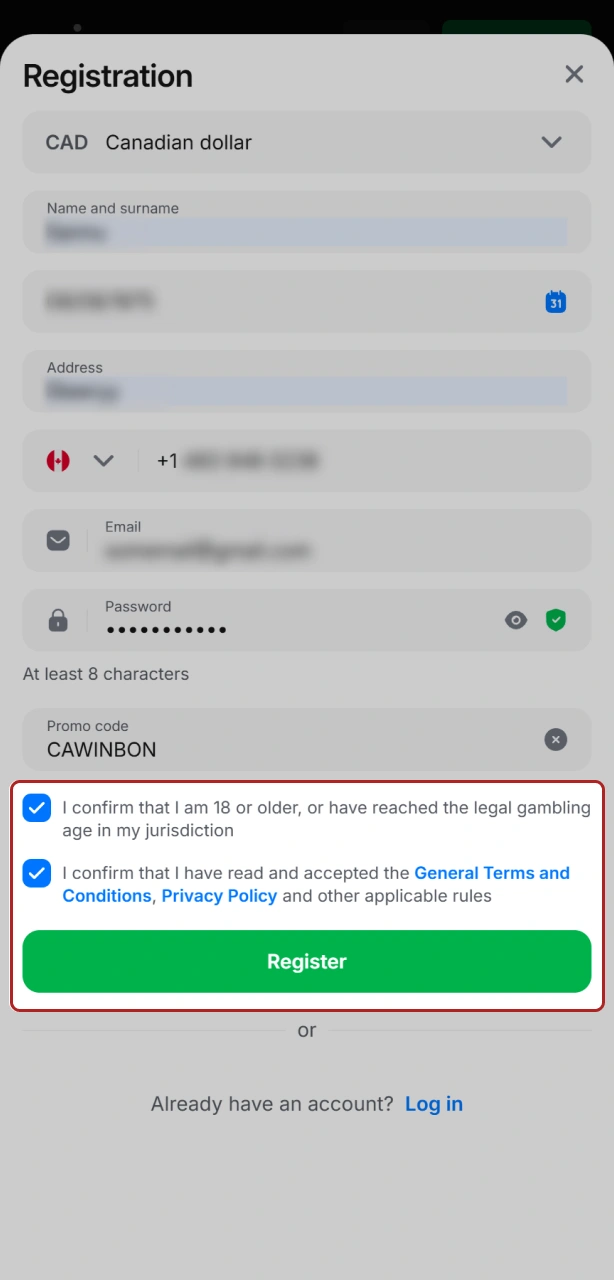 Agree to the terms and finish your registration to join 1win Canada.