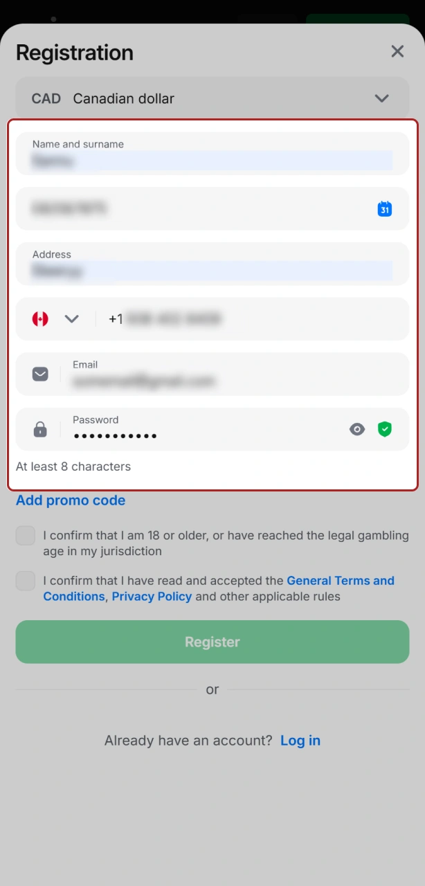 Enter your phone number, email address, and a secure password for your 1win account.