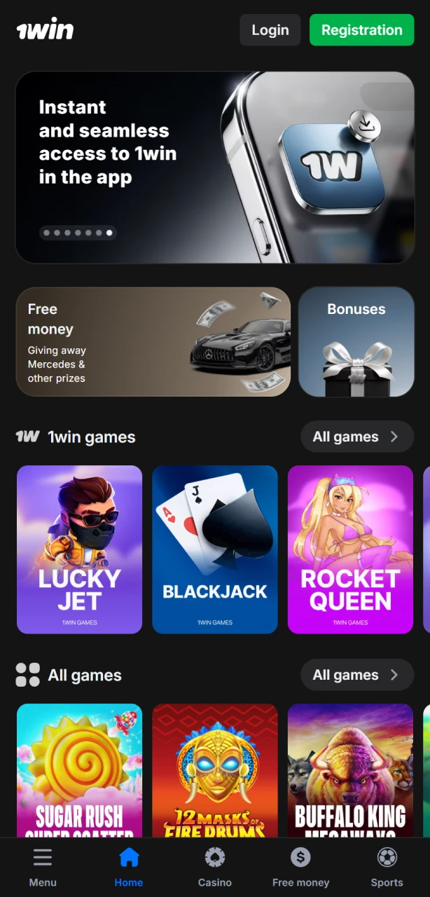 Explore the 1win App Home screen for quick access to betting.
